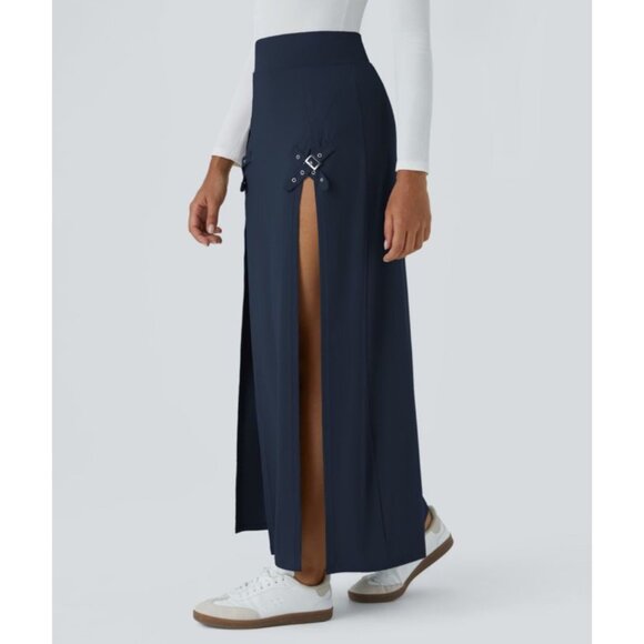 Halara High Waisted Decorative Buckle Split 2-in-1 Maxi Casual Skirt Sz Large Na - Picture 7 of 9